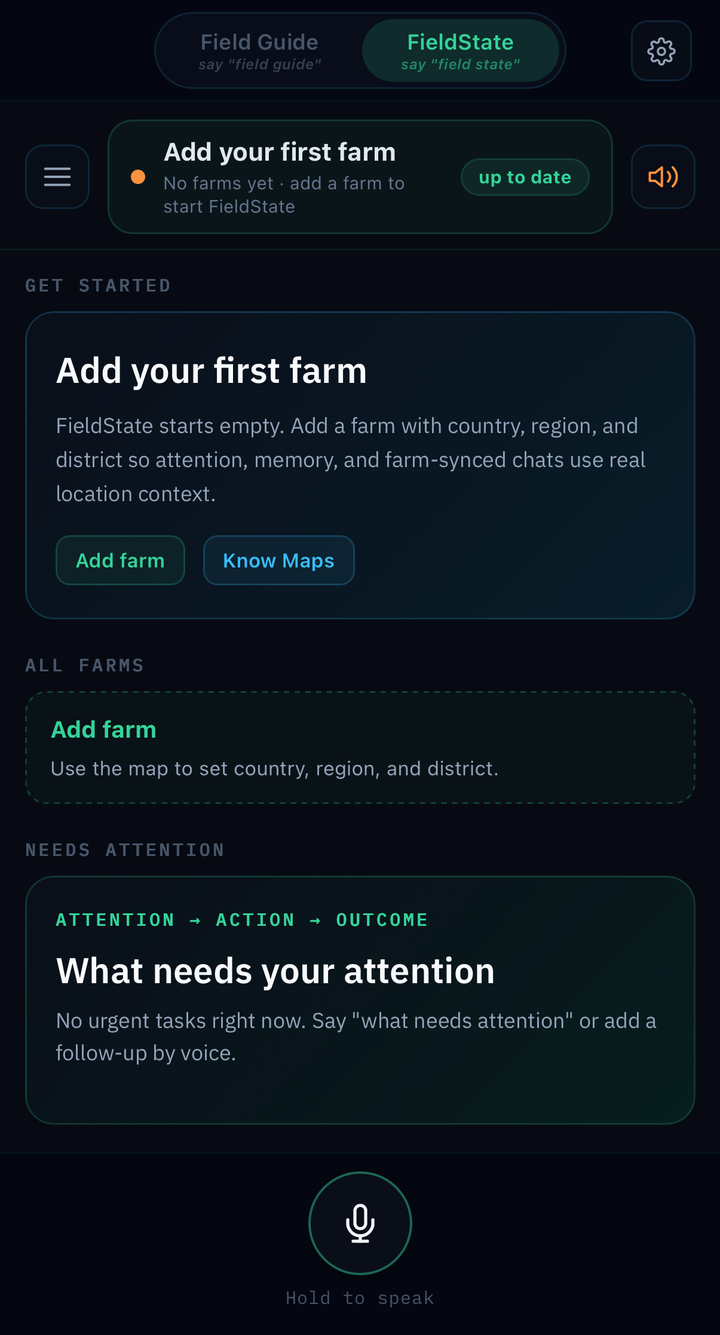 FieldState home screen, your farm's attention feed for today