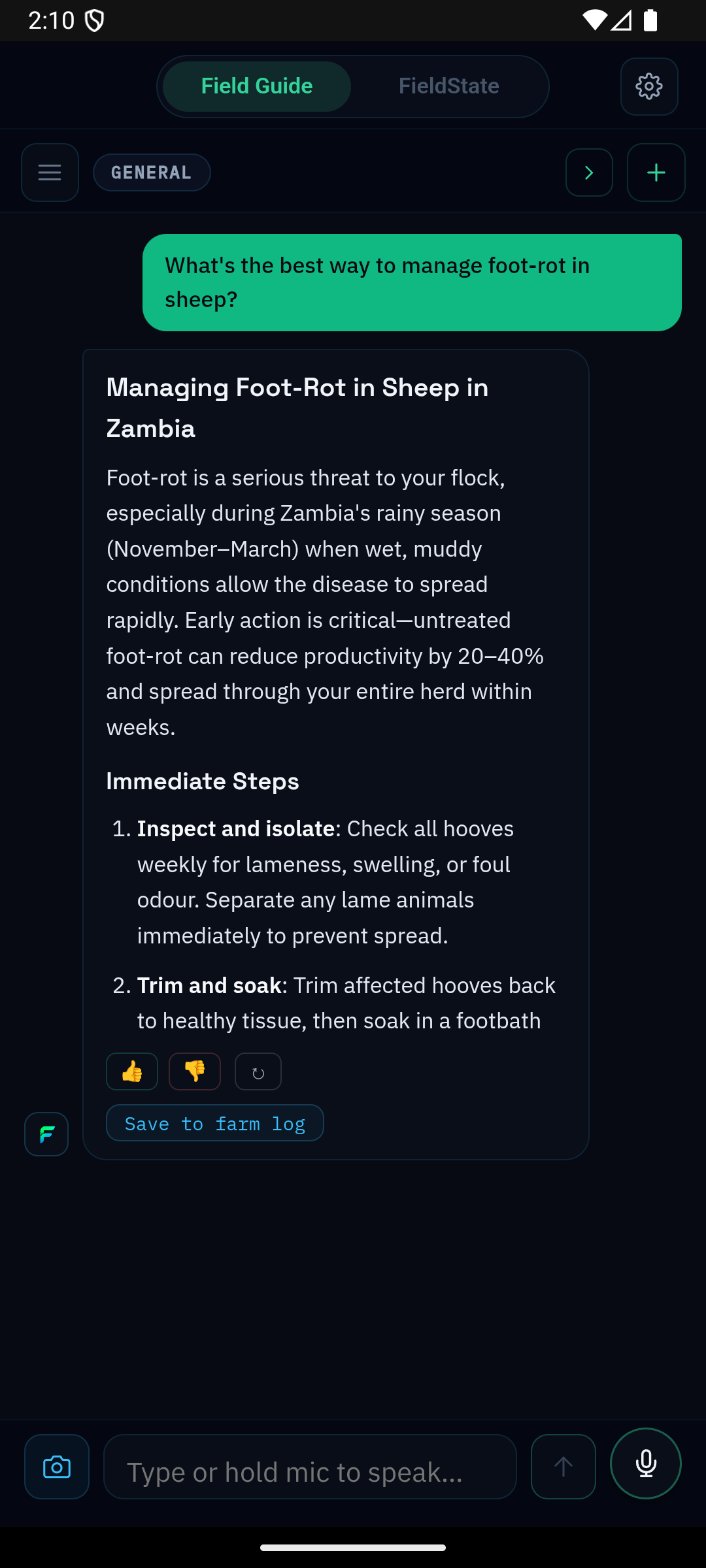 FieldGuide answering a sheep foot-rot question with structured immediate steps and farm context