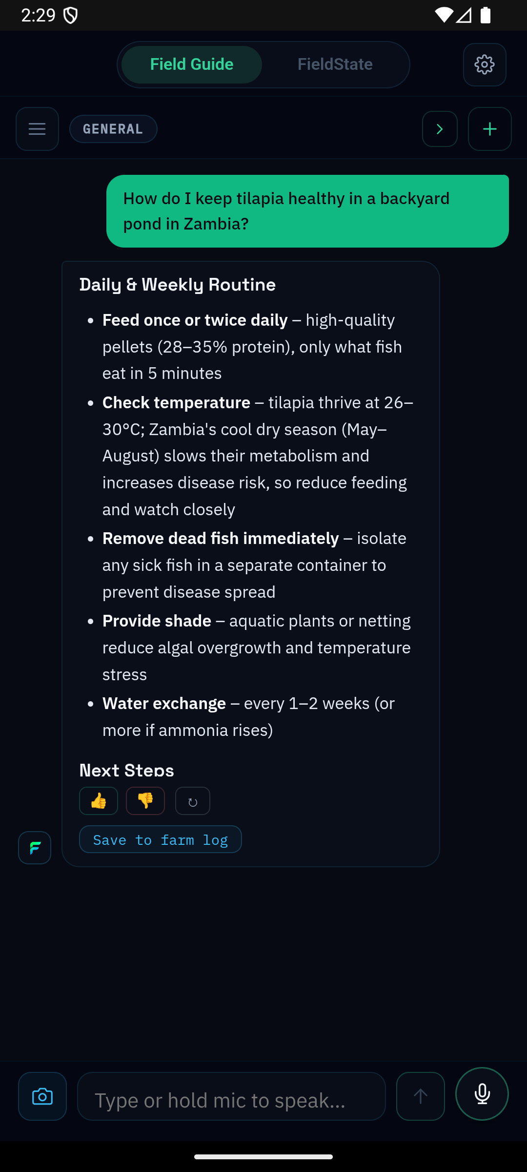 FieldGuide answering an aquaculture question about keeping tilapia healthy in a backyard pond in Zambia