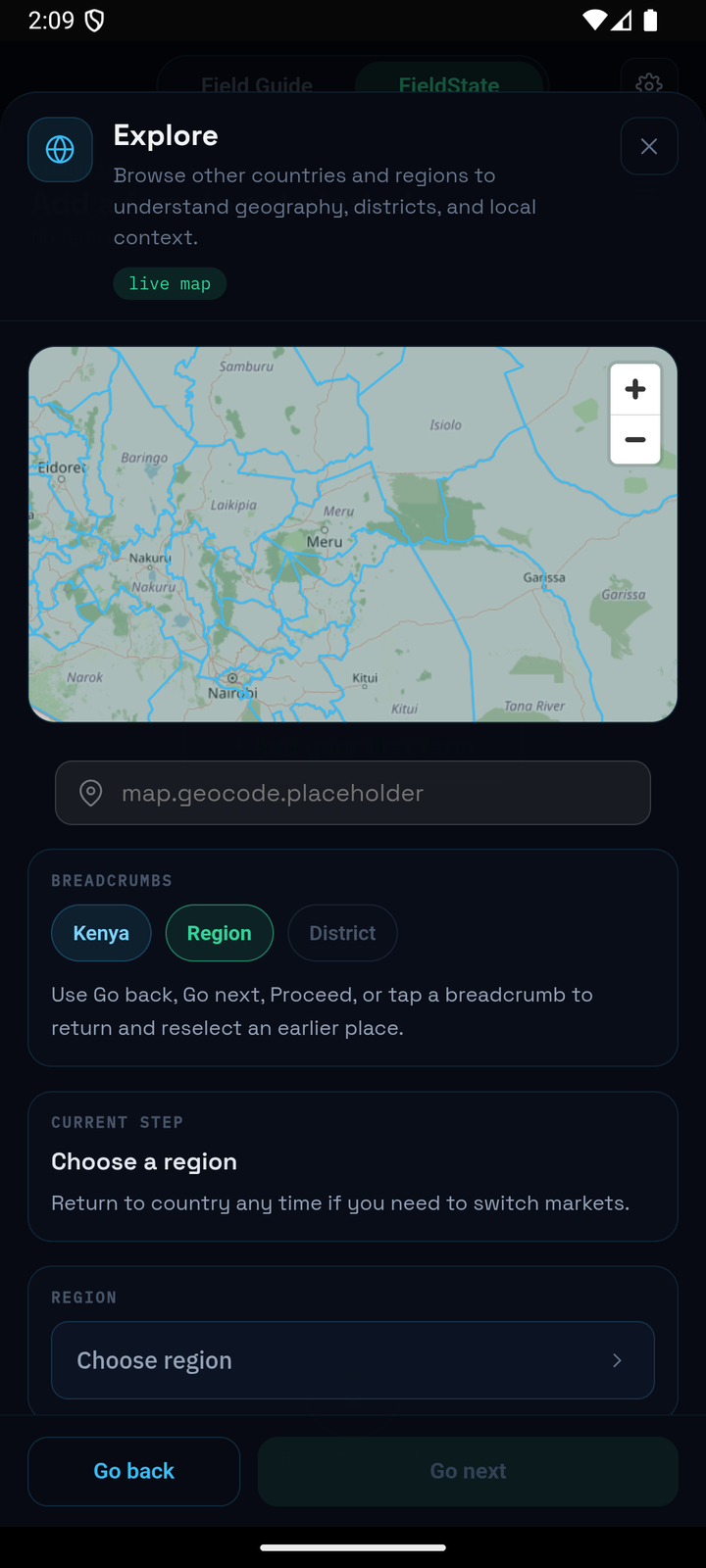 FieldMap country view in the mobile app, Kenya selected with the region picker open