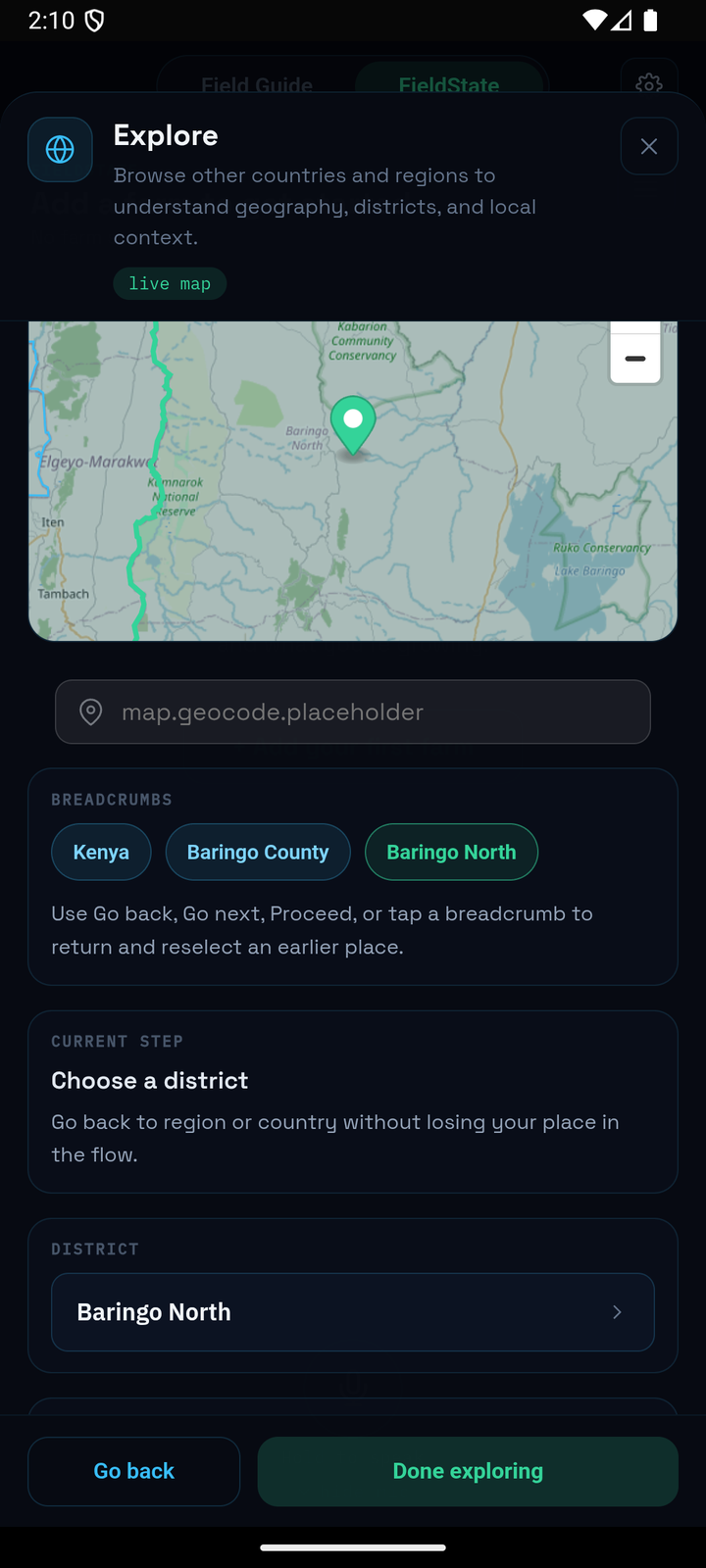 FieldMap district view in the mobile app, Baringo North pinned on the map
