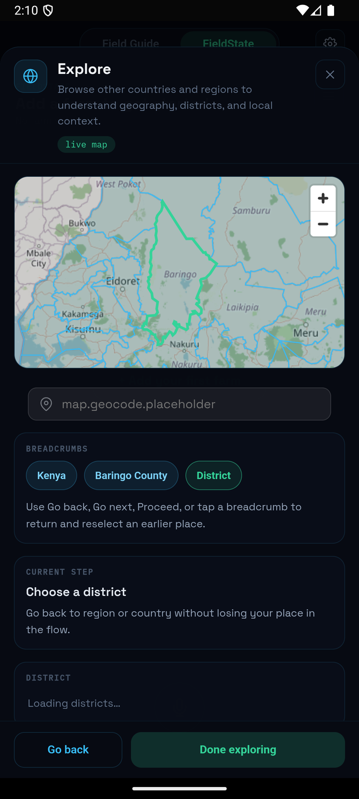 FieldMap region view in the mobile app, Baringo County highlighted with district picker