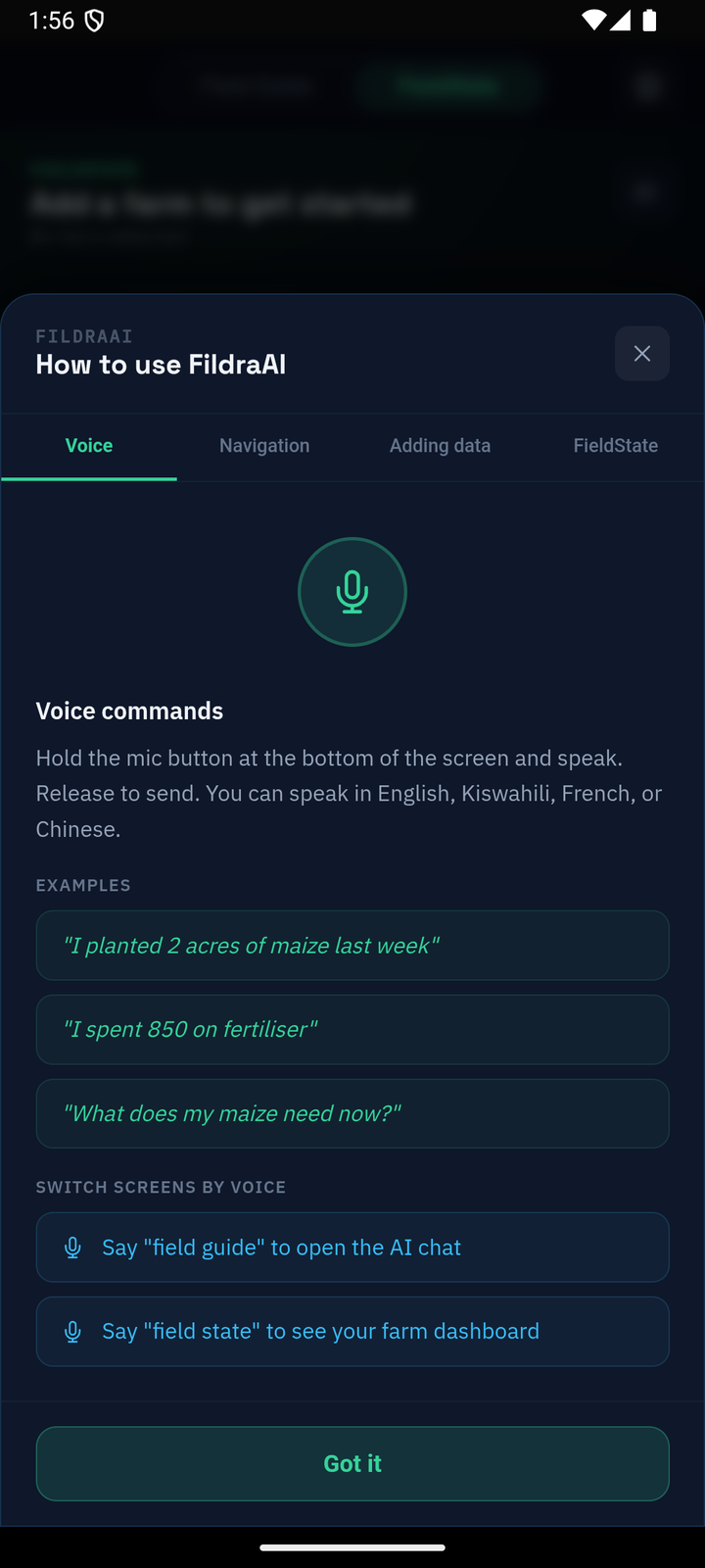 FieldGuide voice-commands panel, mic-and-speak instructions with example phrases in English, Kiswahili, French, and Chinese
