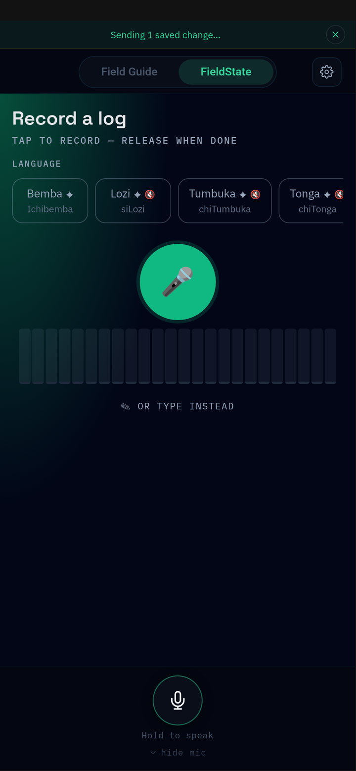 FieldState record-a-log screen with multilingual voice input, Bemba, Lozi, Tumbuka, and Tonga selectable